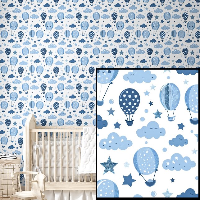 Cute Blue Hot Air Balloons Stars & Clouds on White Wallpaper (Creator Uploaded)