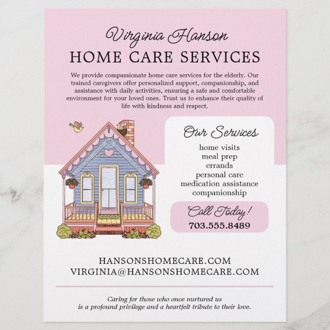 Cute Blue House Caregiver Caretaker Services Pink Flyer (Front)
