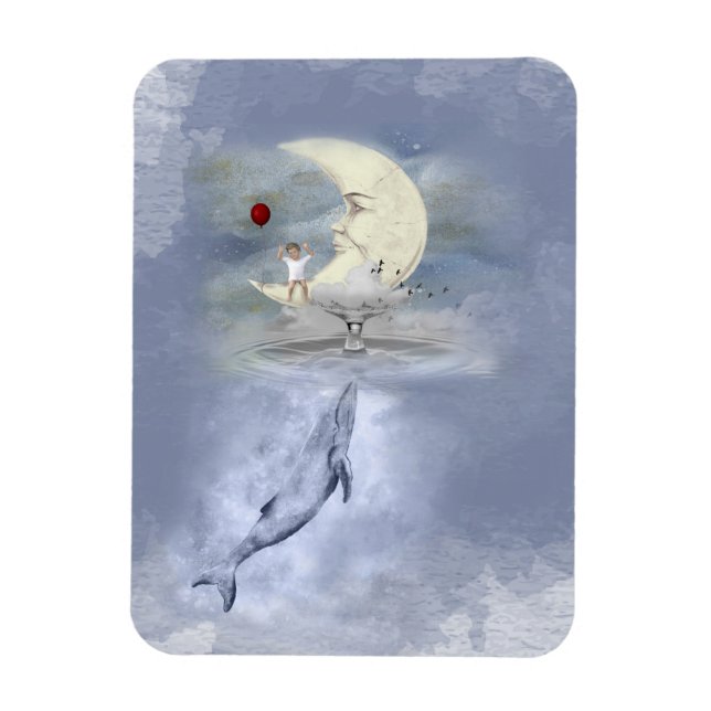 Cute  Blue Humpback Whale  and Moon, fantasy Magnet (Vertical)