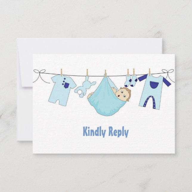 Cute Blue Illustration Baby Shower RSVP Card (Front)