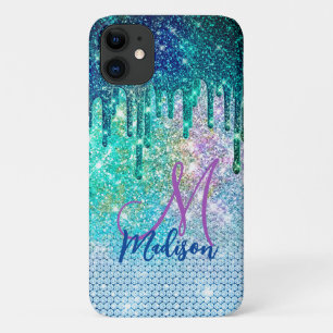 Cute blue iridescent unicorn faux glitter monogram iPhone 11 case