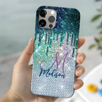 Cute blue iridescent unicorn faux glitter monogram