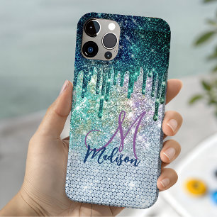 Cute blue iridescent unicorn faux glitter monogram iPhone 11 case