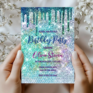 Cute blue iridescent unicorn faux glitter monogram invitation