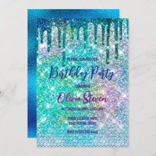 Cute blue iridescent unicorn faux glitter monogram invitation