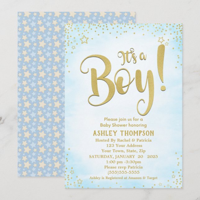 Cute Blue It's a Boy Stars Baby Shower Invitation (Front/Back)