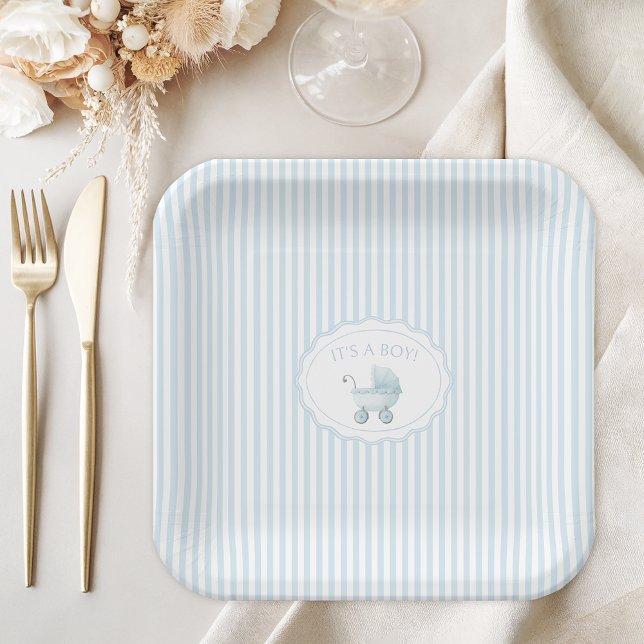 Cute Blue It's a Boy Stroller Baby Shower Paper Plate (Creator Uploaded)