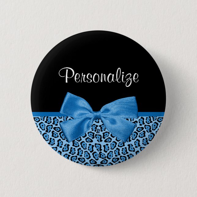 Cute Blue Jaguar Print Bright Blue Ribbon and Name 6 Cm Round Badge (Front)