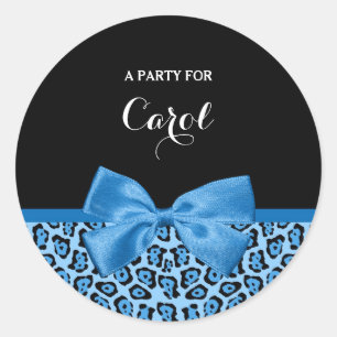 Cute Blue Jaguar Print Bright Blue Ribbon and Name Classic Round Sticker