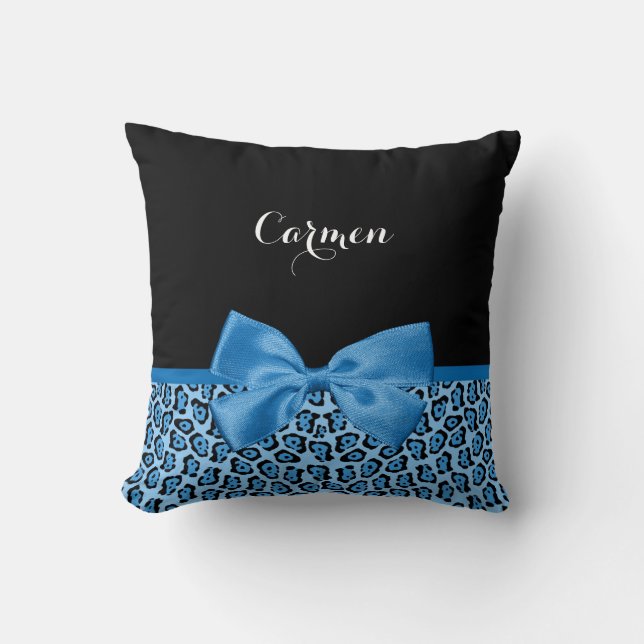 Cute Blue Jaguar Print Bright Blue Ribbon and Name Cushion (Front)