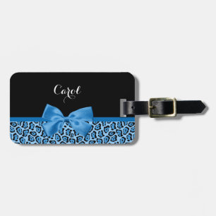 Cute Blue Jaguar Print Bright Blue Ribbon and Name Luggage Tag