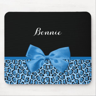 Cute Blue Jaguar Print Bright Blue Ribbon and Name Mouse Mat