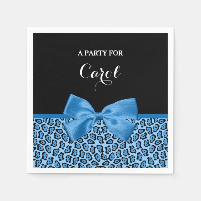 Cute Blue Jaguar Print Bright Blue Ribbon and Name Napkin (Front)
