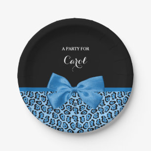 Cute Blue Jaguar Print Bright Blue Ribbon and Name Paper Plate