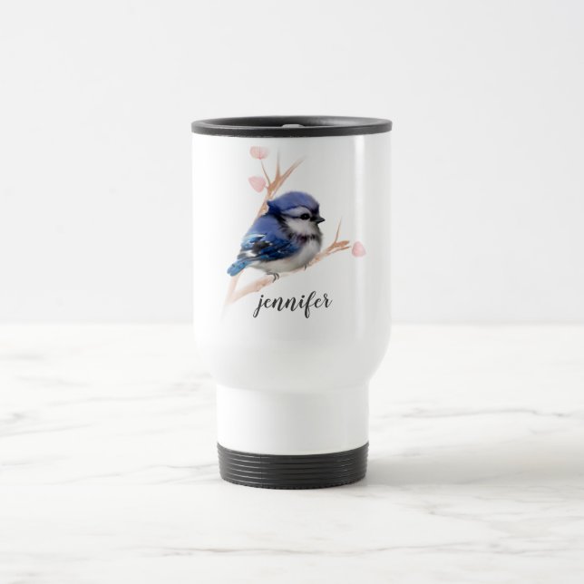 Cute Blue Jay Bird Personalised Travel Mug (Center)