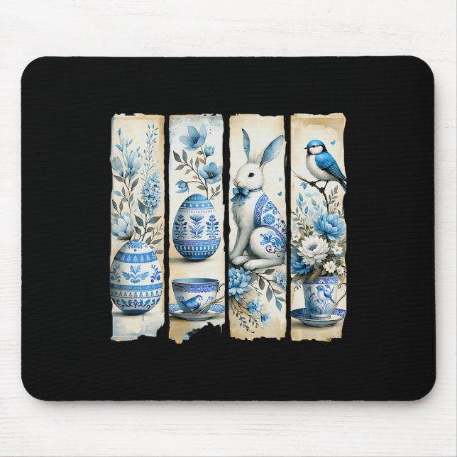 Cute Blue Jay Easter Bunny Eggs Flowers Ripped Pag Mouse Mat (Front)