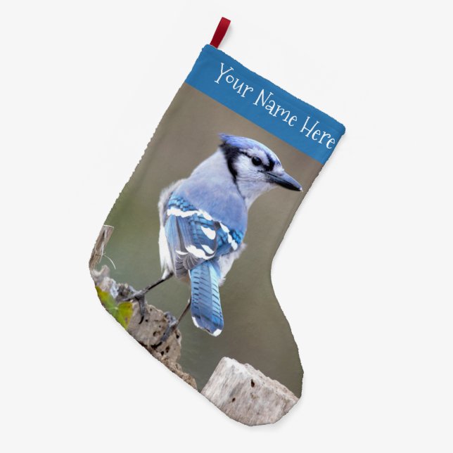 Cute Blue Jay Songbird on Tree Stump Large Christmas Stocking (Front (Hanging))