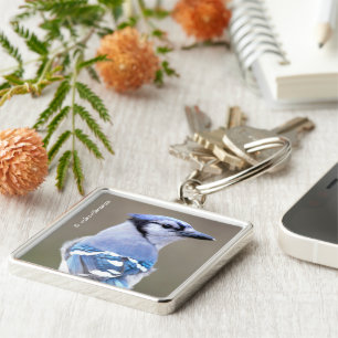 Cute Blue Jay Songbird on Treestump Key Ring