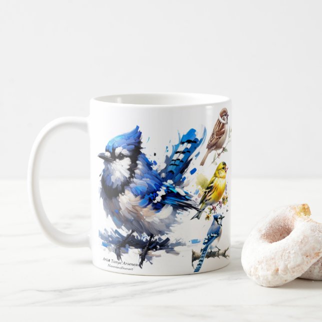 Cute Blue Jays Birds Coffee Mug (With Donut)