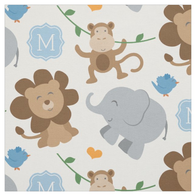 Cute Blue Jungle Animals Baby Boy Fabric (Swatch)