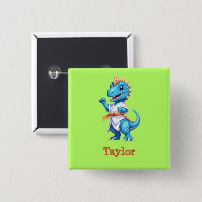 Cute blue karate dinosaur 15 cm square badge (Front & Back)
