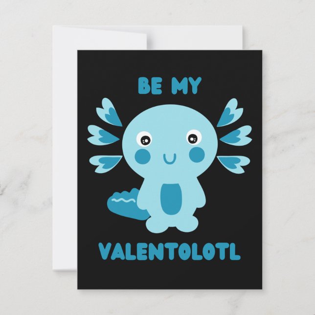 Cute blue kawaii axolotl asking - Be my Valentolot Holiday Card (Front)