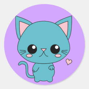 Cute Blue Kawaii Cat Classic Round Sticker