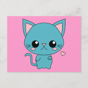 Cute Blue Kawaii Cat Postcard
