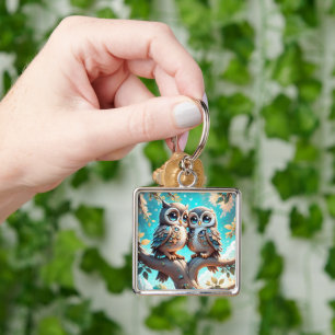 Cute Blue Kawaii Chibi Owls on a Tree Branch Key Ring