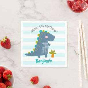 Cute Blue Kawaii Dinosaur Boy Birthday Name Fun Napkin