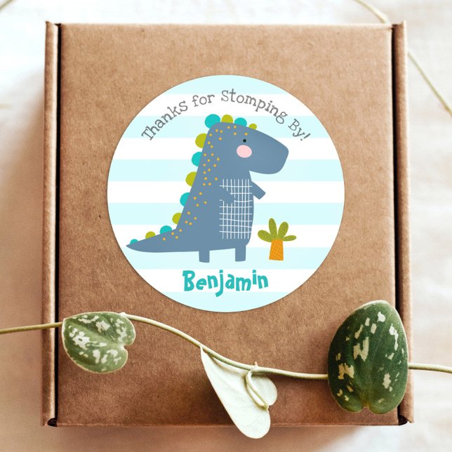 Cute Blue Kawaii Dinosaur Boy Birthday Thank You Classic Round Sticker (Creator Uploaded)