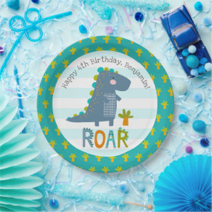 Cute Blue Kawaii Dinosaur Roar Boy Birthday Name Paper Plate