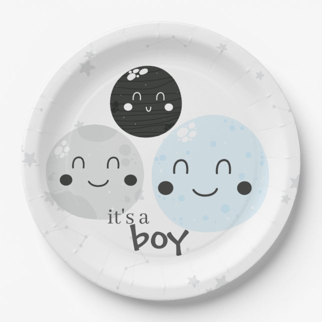 Cute Blue Kawaii Planet It's a Boy Baby Shower Paper Plate (Front)