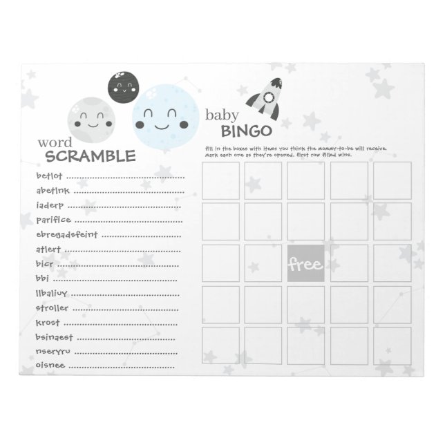 Cute Blue Kawaii Planet & Moons Baby Shower Games Notepad (Front)