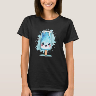 Cute Blue Kawaii Popsicle Happy Ice Cream Splash T-Shirt