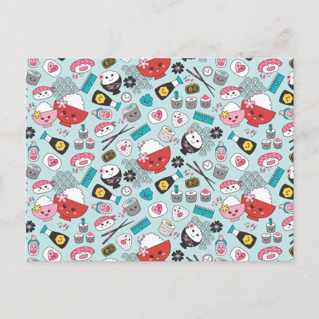 Cute Blue Kawaii Sushi Postcard (Front)