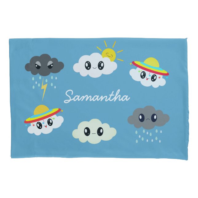 Cute Blue Kawaii Weather Cloud Cartoon Kid's Pillowcase (Front)