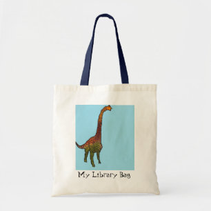 Cute blue kids brachiosaurus dinosaur art tote bag