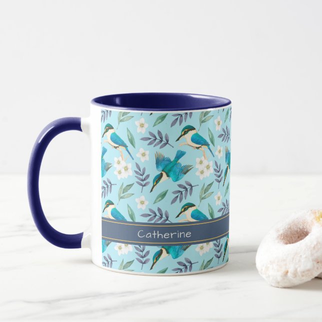 Cute Blue Kingfisher Birds Floral Pattern Name Mug (With Donut)