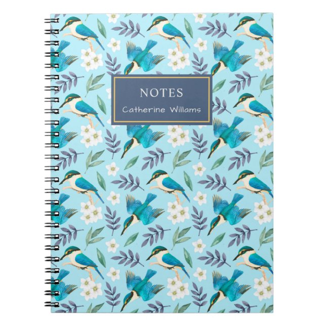 Cute Blue Kingfisher Birds Floral Pattern Name Notebook (Front)