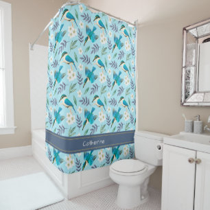 Cute Blue Kingfisher Birds Floral Pattern Name Shower Curtain