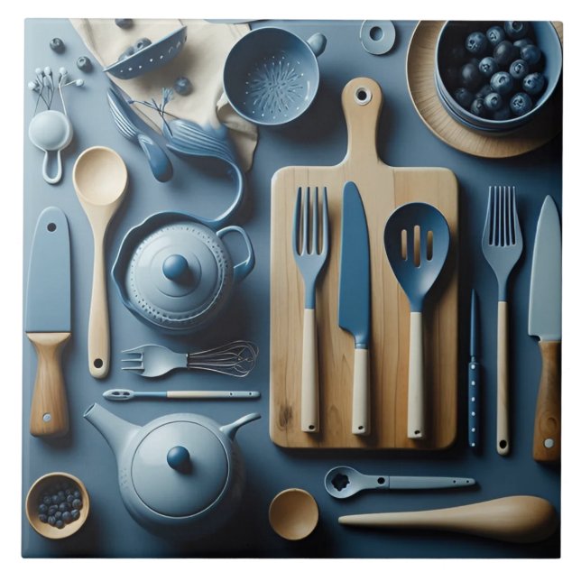 Cute Blue Kitchen Utensils Aesthetic Wallpaper Tile (Front)