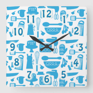 Cute Blue Kitchenware Cooking Tools Pattern Art Square Wall Clock