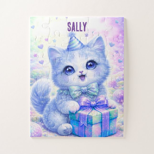 Cute Blue Kitten Personalised Name Jigsaw Puzzle (Vertical)