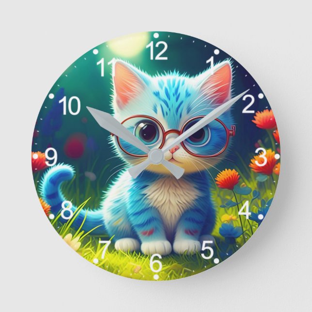 Cute Blue Kitten Wearing Glasses-276548 Round Clock (Front)