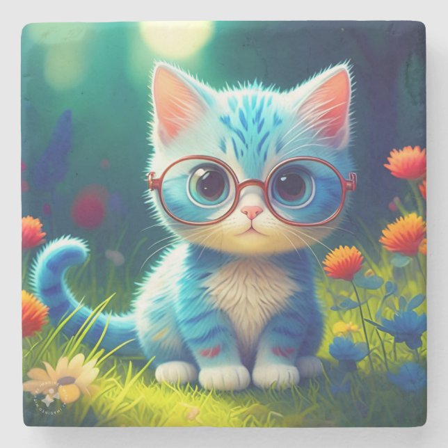 Cute Blue Kitten Wearing Glasses-276548 Stone Coaster (Front)
