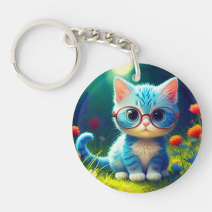 Cute Blue Kitten Wearing Glasses-47067 Key Ring