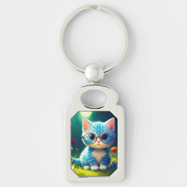 Cute Blue Kitten Wearing Glasses-47067 Key Ring (Front)