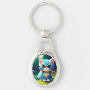 Cute Blue Kitten Wearing Glasses-47067 Key Ring