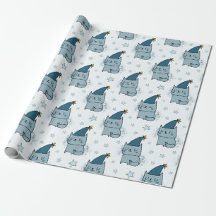 Cute Blue Kitty Cat Kids Christmas Wrapping Paper